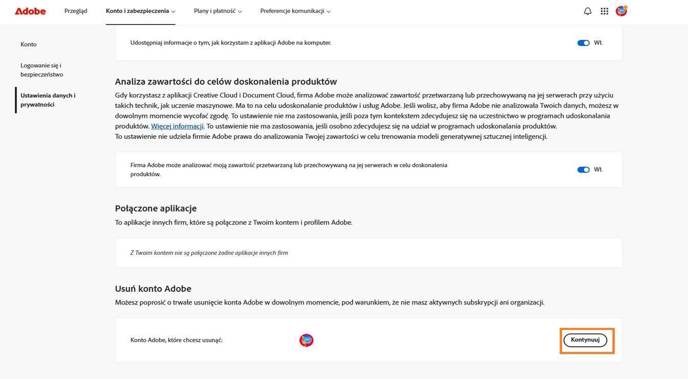 Przycisk Kontynuuj, znajdujący się po prawej stronie szczegółów konta w sekcji Usuń konto Adobe, umożliwia trwałe usunięcie konta.