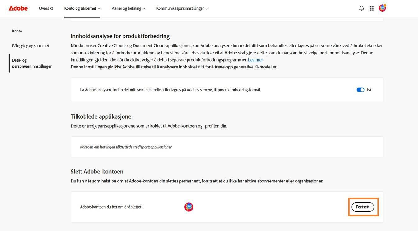 Fortsett-knappen, som ligger til høyre for kontodetaljene dine i delen Slett Adobe-konto, lar deg slette kontoen din permanent.