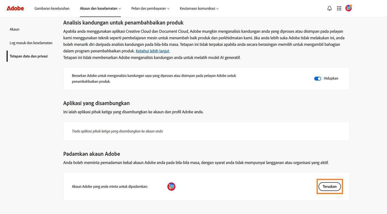 Butang Teruskan, terletak di sebelah kanan butiran akaun anda dalam bahagian Padamkan akaun Adobe, membolehkan anda memadamkan akaun anda secara kekal.