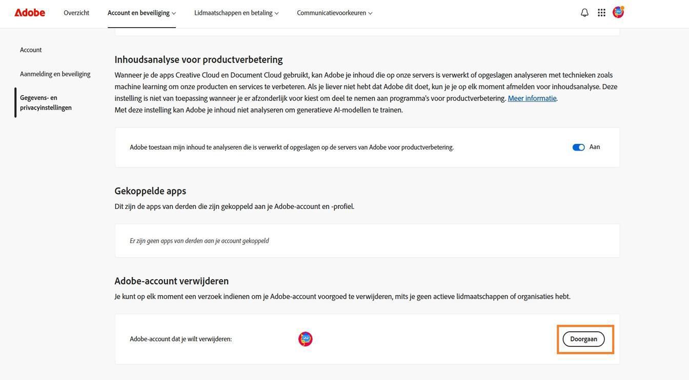 Met de knop Doorgaan, die zich rechts van je accountgegevens bevindt in het gedeelte Adobe-account verwijderen, kan je je account permanent verwijderen.