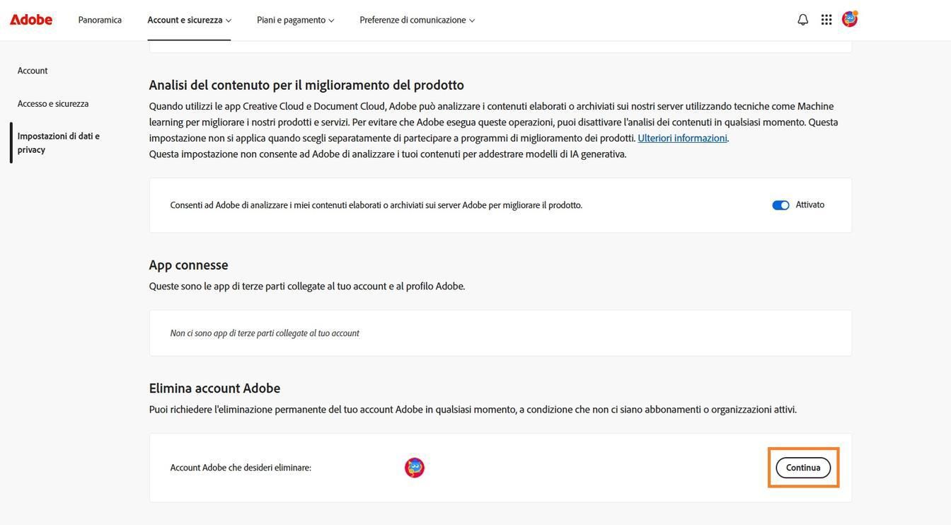 Il pulsante Continua, situato a destra dei dettagli del tuo account nella sezione Elimina account Adobe, ti consente di eliminare definitivamente il tuo account.
