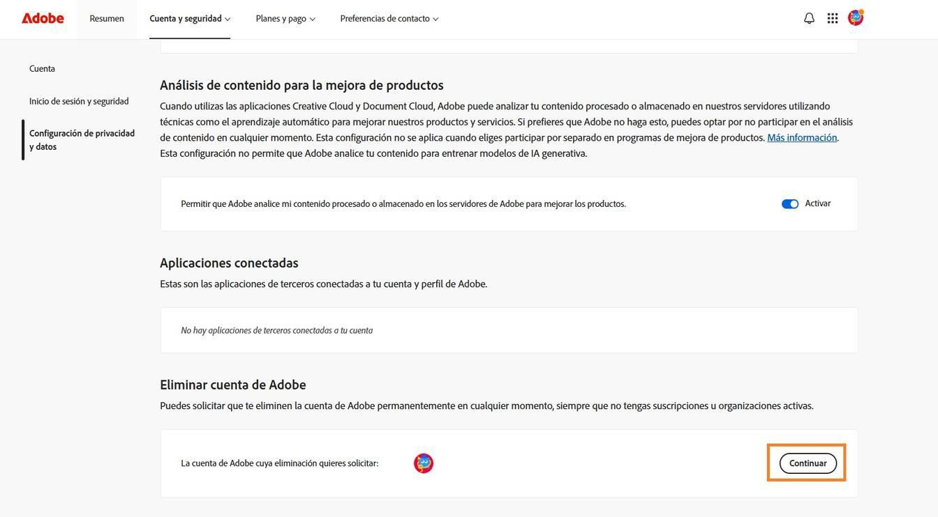 El botón Continuar, situado a la derecha de los datos de su cuenta en la sección Eliminar cuenta de Adobe, le permite eliminar su cuenta de forma permanente.