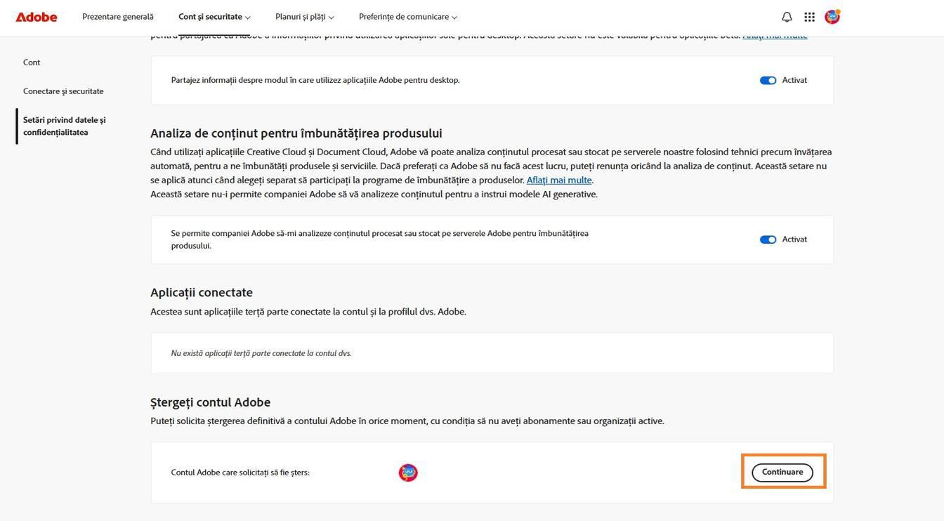 Butonul Continuare, situat în dreapta detaliilor contului dvs. în secțiunea Ștergere cont Adobe, vă permite să vă ștergeți definitiv contul.