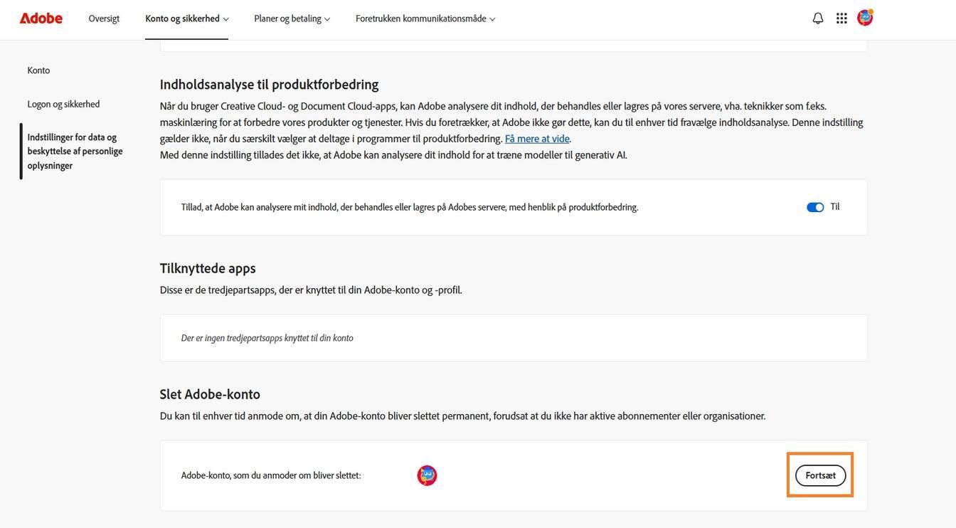Knappen Fortsæt, der findes til højre for dine kontooplysninger i sektionen Slet Adobe-konto, giver dig mulighed for permanent at slette din konto.