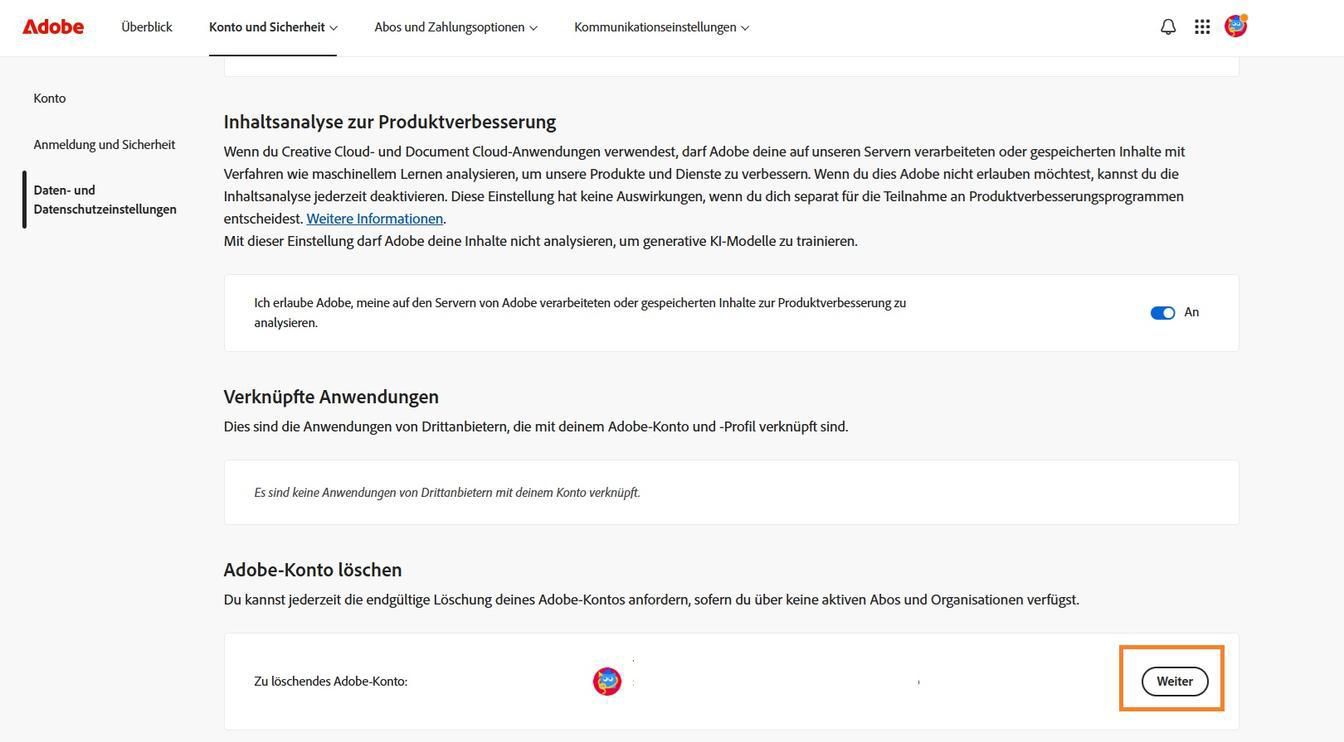 Die Schaltfläche „Weiter", die sich rechts von deinen Kontodetails im Bereich „Adobe-Konto löschen" befindet, ermöglicht es dir, dein Konto dauerhaft zu löschen.