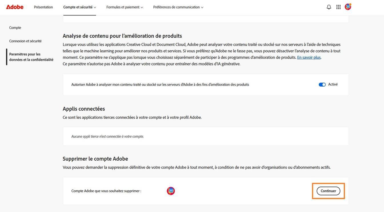 Le bouton Continuer, situé à droite des détails de votre compte dans la section Supprimer le compte Adobe, vous permet de supprimer définitivement votre compte.