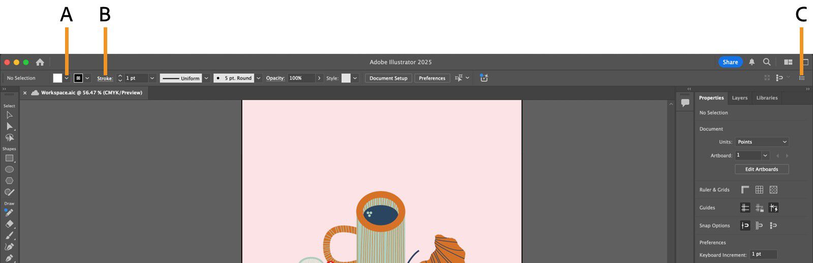 لوحة Control مع القائمة Fill للتعبئة، والنص المسطر Stroke، وقائمة اللوحة المميزة.