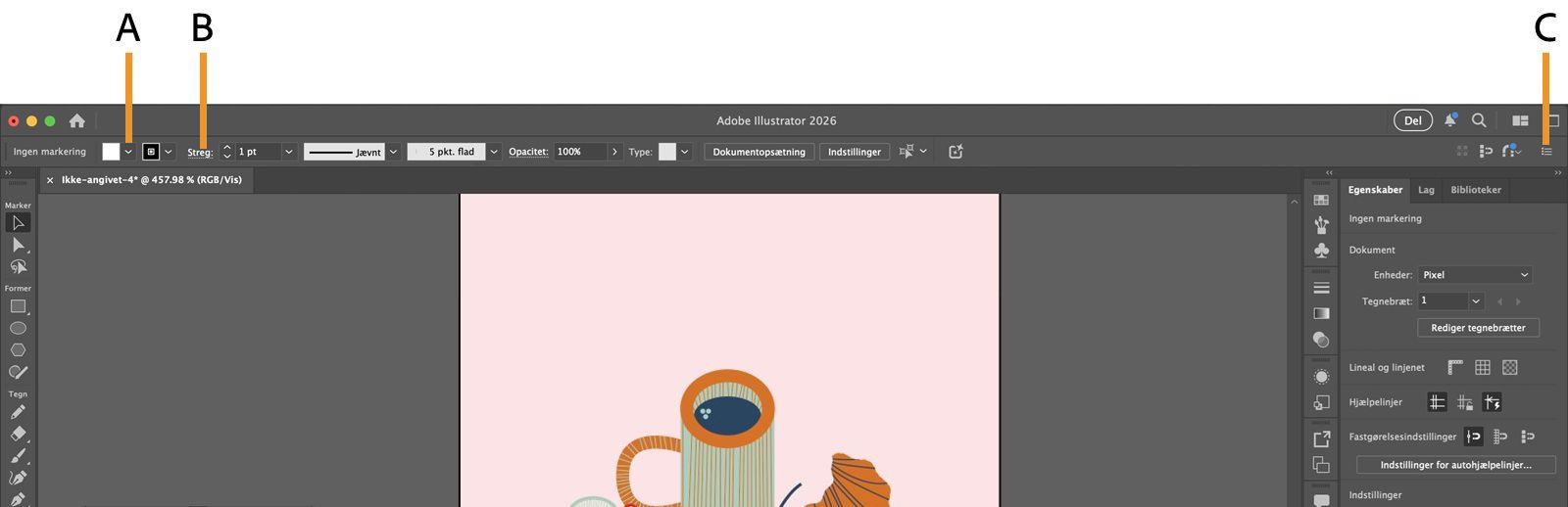 Kontrolpanelet med udfyldningsrullelisten, Strøg understreget tekst og panelmenuen fremhævet.