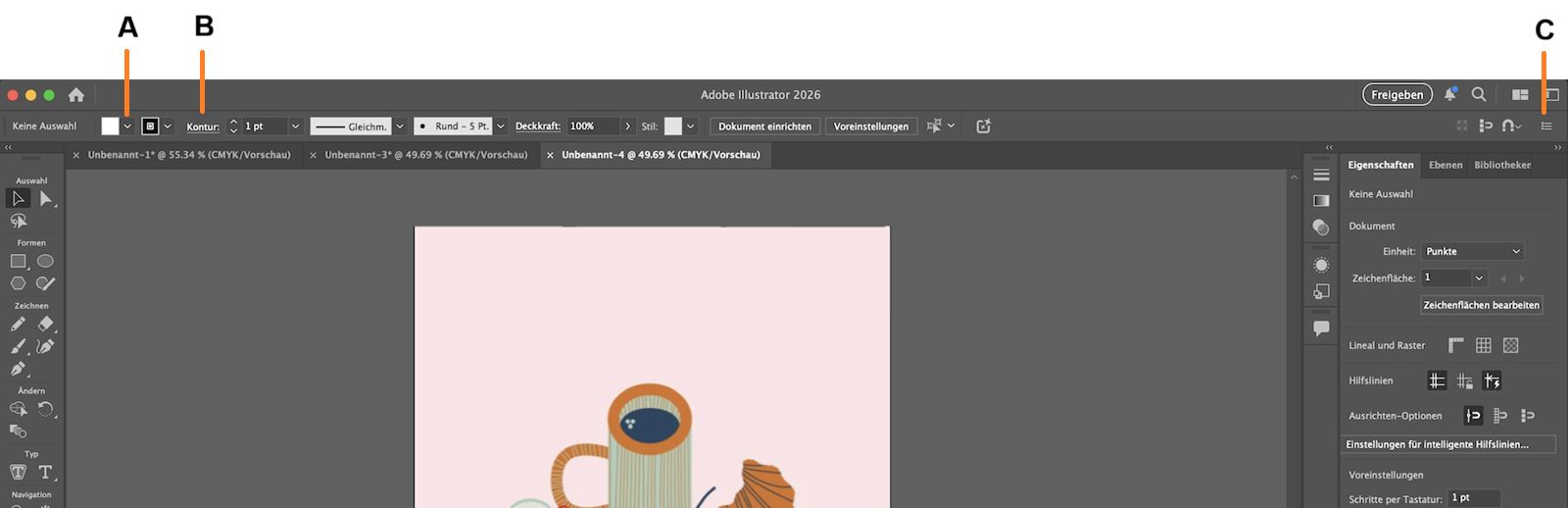 Das Steuerungsbedienfeld mit dem Füllung-Dropdown-Menü, dem unterstrichenen Text für Strich und dem hervorgehobenen Bedienfeldmenü.