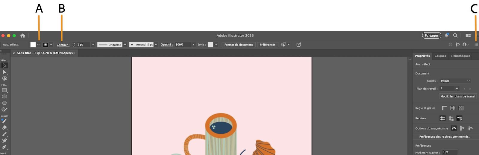 Le panneau de contrôle avec le menu déroulant Fond, le texte souligné Trait et le menu du panneau mis en surbrillance.