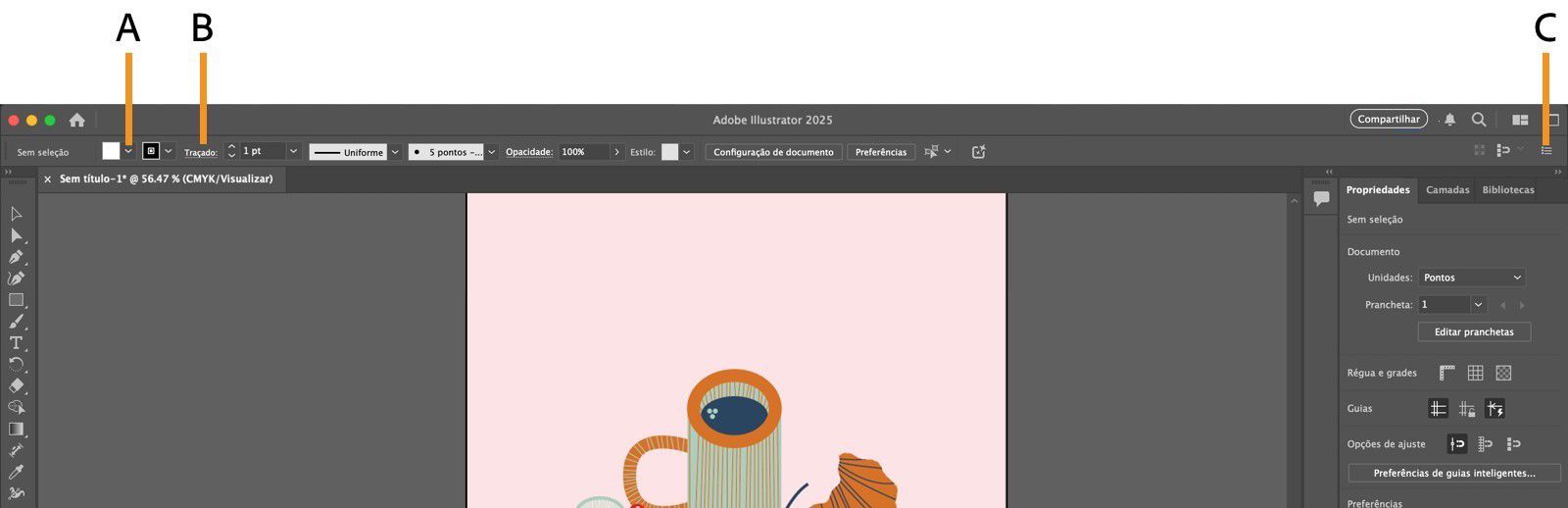 O painel Controle com a lista suspensa Preenchimento, o texto sublinhado Traçado e o menu do painel realçado.