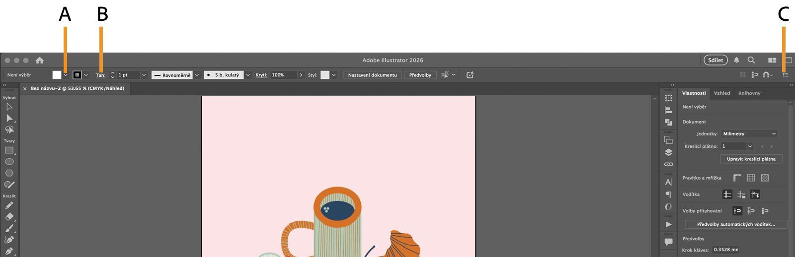 Ovládací panel s rozbalovací nabídkou Výplň, podtrženým textem Tah a zvýrazněnou nabídkou panelu.