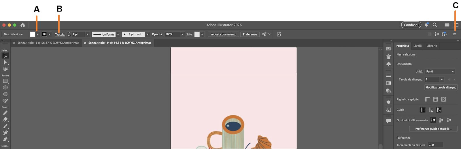 Il pannello di controllo con il menu a discesa Riempimento, il testo sottolineato Traccia e il menu del pannello evidenziato.