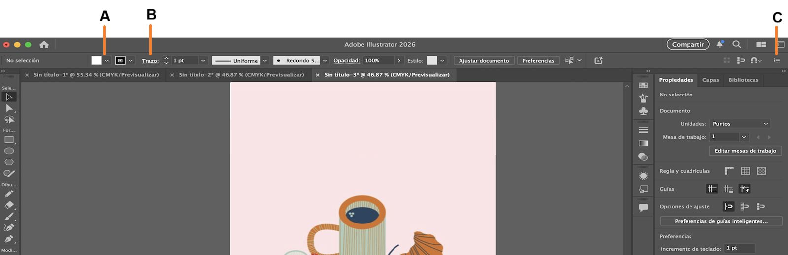 El panel de control con el menú desplegable de Relleno, el texto subrayado de Trazo y el menú del panel resaltado.