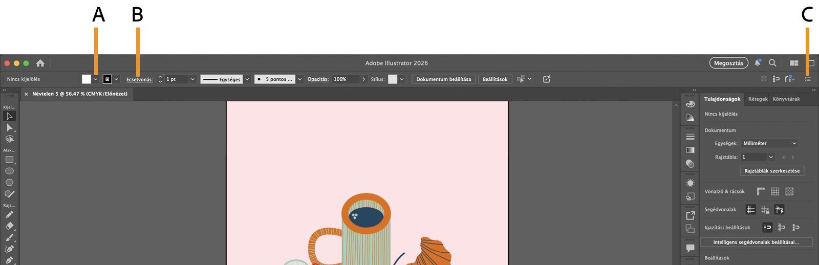 Az Irányítópult a Kitöltés legördülő menüvel, a Körvonal aláhúzott szöveggel és a kiemelt panelmenüvel.