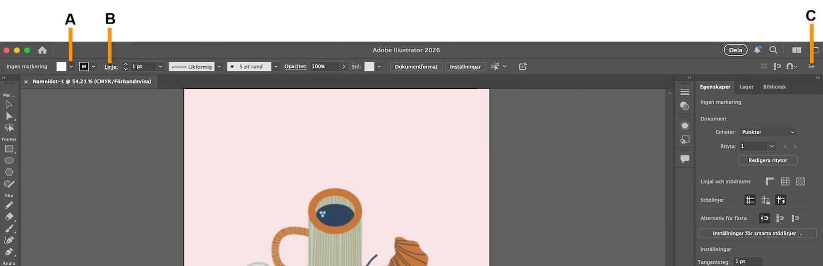 Kontrollpanelen med rullgardinsmenyn Fyllning, understruken text för Linje och markerad panelmeny.