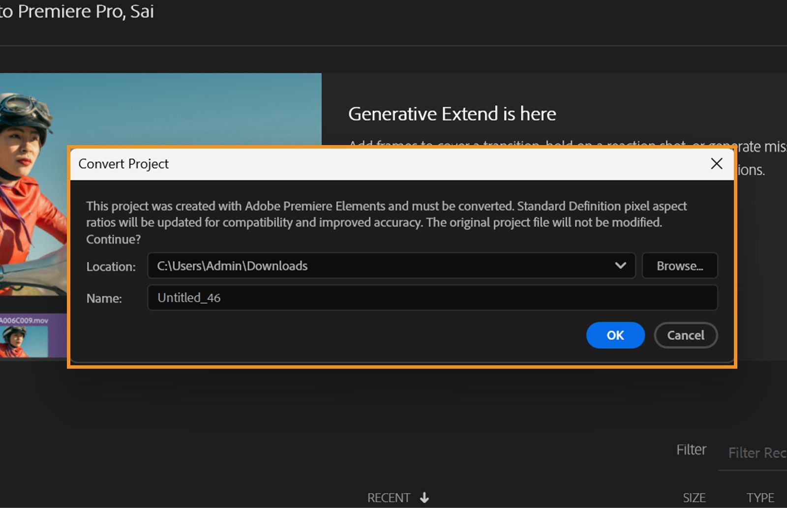 La finestra di dialogo Converti progetto mostra una nota che dice: &quot;Questo progetto è stato creato con Adobe Premiere Elements e deve essere convertito.Le proporzioni pixel della definizione standard saranno aggiornate per la compatibilità e una maggiore precisione.Il file di progetto originale non verrà modificato.Continuare?&quot;.Mostra anche la posizione e il nome del file, insieme ai pulsanti OK e Annulla.