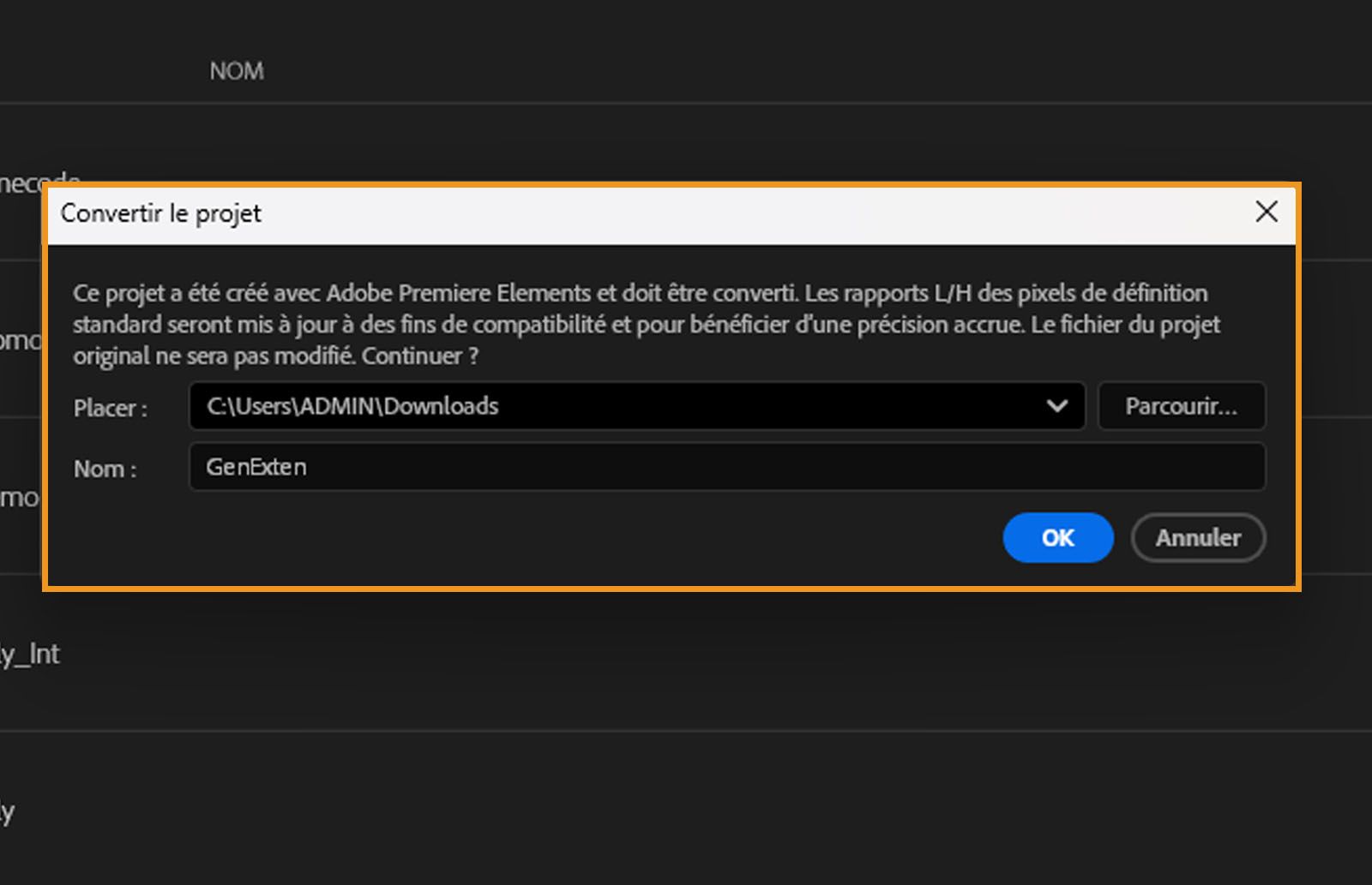 La boîte de dialogue Convertir le projet affiche une note indiquant : « Ce projet a été créé avec Adobe Premiere Elements et doit être converti.Les rapports L/H des pixels de définition standard seront mis à jour à des fins de compatibilité et pour bénéficier d’une précision accrue.Le fichier du projet original ne sera pas modifié.Continuer ? »Elle affiche également l’emplacement et le nom du fichier, ainsi que les boutons OK et Annuler.