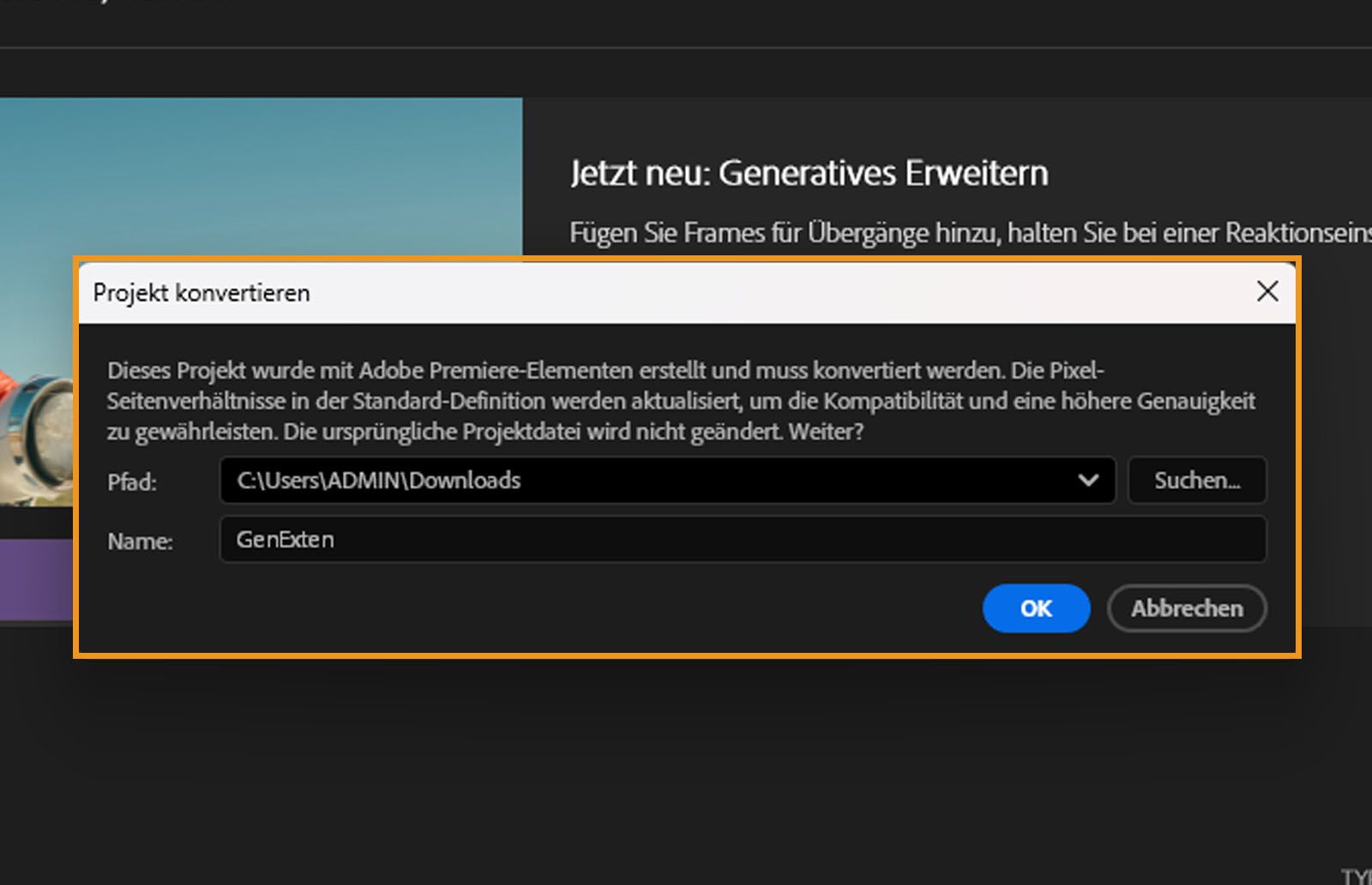 Das Dialogfeld „Projekt konvertieren“ zeigt folgenden Hinweis „Dieses Projekt wurde mit Adobe Premiere-Elementen erstellt und muss konvertiert werden. Die Pixel-Seitenverhältnisse in der Standard-Definition werden aktualisiert, um die Kompatibilität und eine höhere Genauigkeit zu gewährleisten. Die ursprüngliche Projektdatei wird nicht geändert. Weiter?“Außerdem zeigt es den Speicherort und Namen der Datei sowie die Schaltflächen „OK“ und „Abbrechen“.