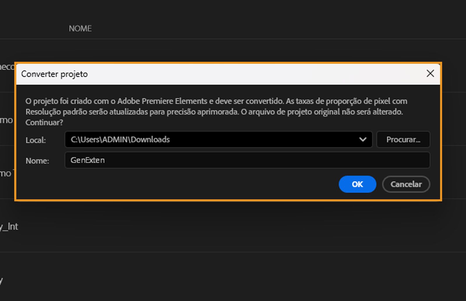 A caixa de diálogo Converter Projeto mostra uma observação dizendo: &quot;Este projeto foi criado com o Adobe Premiere Elements e precisa ser convertido.As proporções de pixels de Definição Padrão serão atualizadas para compatibilidade e maior precisão.O arquivo de projeto original não será modificado. Continuar?” Também mostra a Localização e o Nome do arquivo, junto com os botões OK e Cancelar.