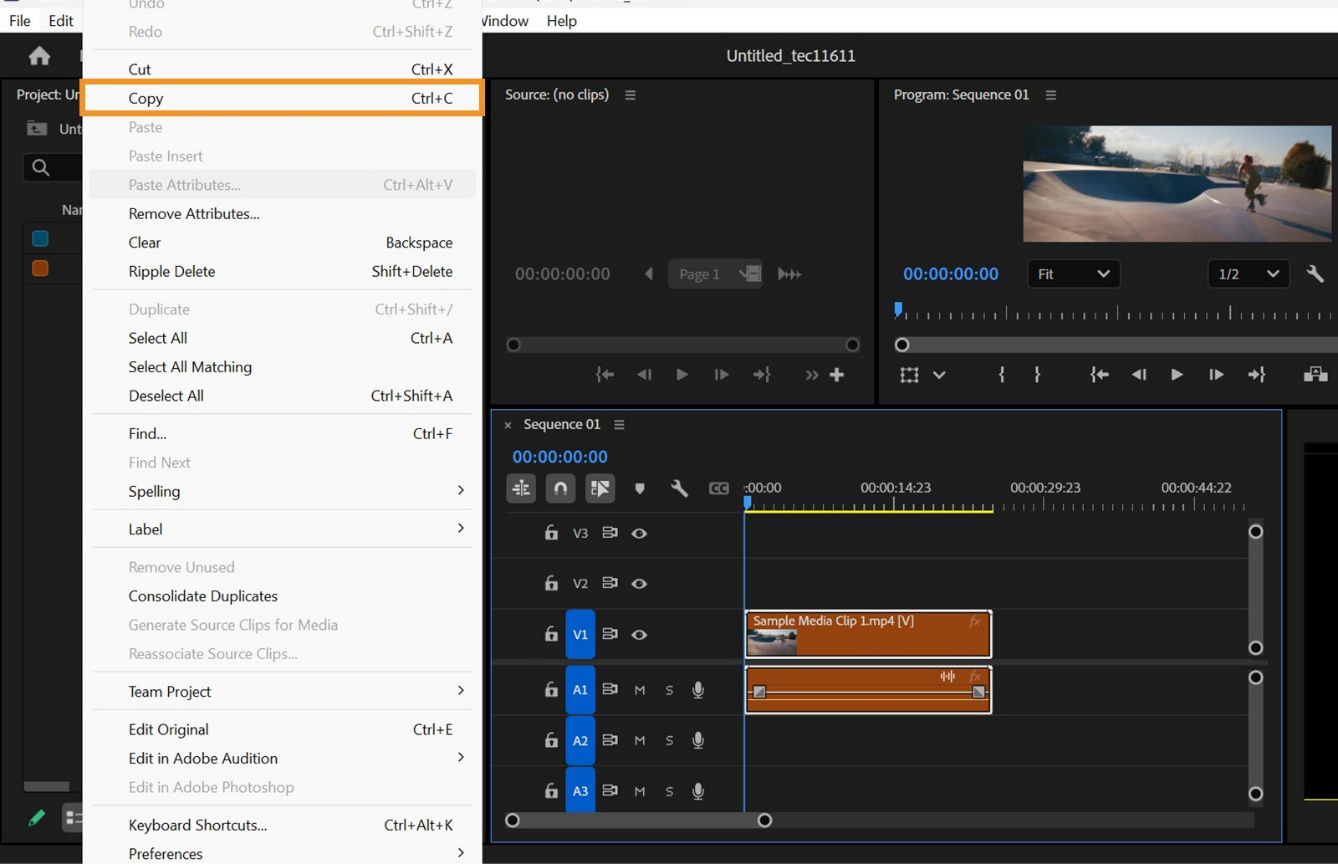Se selecciona una transición en la Secuencia y se resalta la opción Copiar en el menú Edición de la barra de menús
