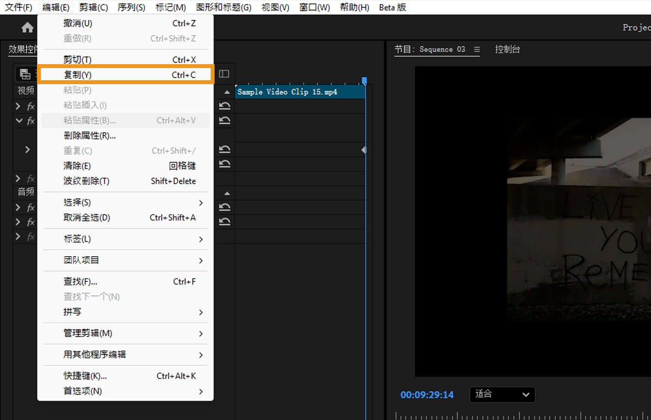 序列中已选中一个转场效果，菜单栏的“编辑”菜单下的“复制”选项呈高亮状态