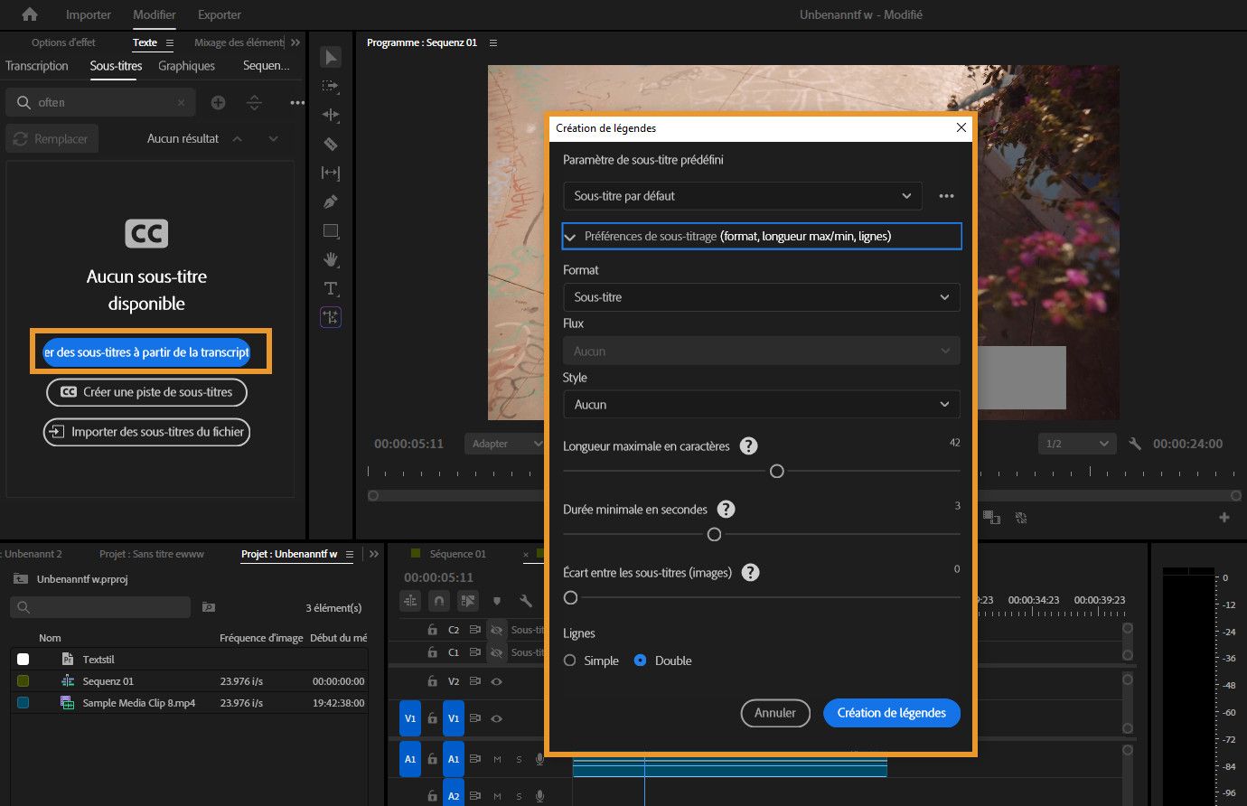 La boîte de dialogue Créer des sous-titres affichant les options de préréglage, de format, de style et d'ajustement du minutage.