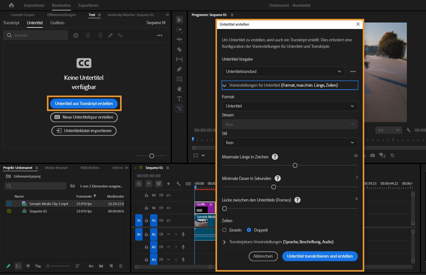 Das Dialogfeld „Untertitel erstellen“ zeigt Optionen für Vorgaben-, Format-, Stil- und Zeitanpassungen.
