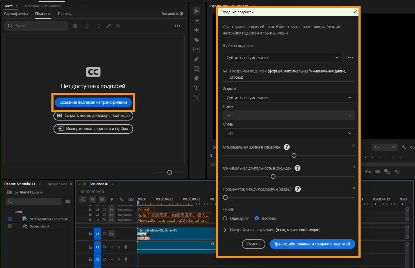 Диалоговое окно «Создать подписи» с параметрами для коррекции шаблона настроек, формата, стиля и времени.