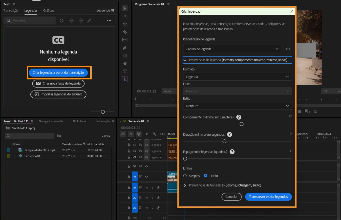 A caixa de diálogo “Criar legendas”, mostrando opções de predefinição, formato, estilo e ajustes de tempo.