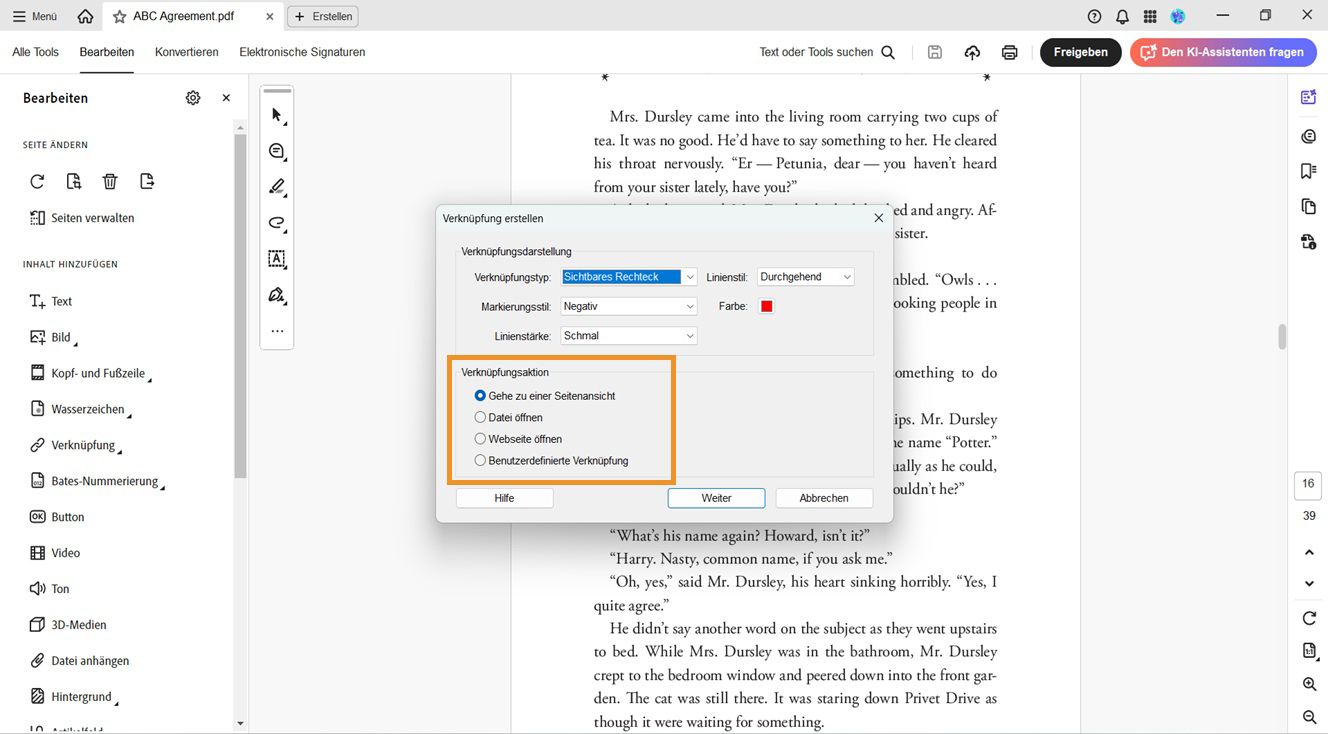 Das Dialogfeld „Link erstellen“ zeigt Optionen für das Erscheinungsbild des Links und die Link-Aktion an. Die Optionen für „Link-Aktion“ sind hervorgehoben, um gewünschte Links zu PDF-Dateien hinzuzufügen.