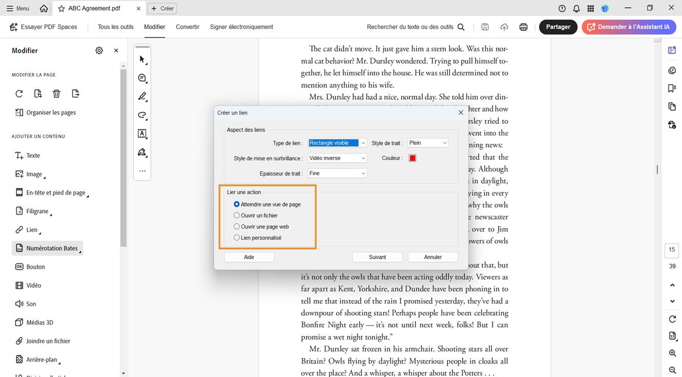 La boîte de dialogue Créer un lien affiche les options d’aspect et d’action du lien. Les options Actions du lien sont mises en évidence pour ajouter les liens souhaités aux PDF.