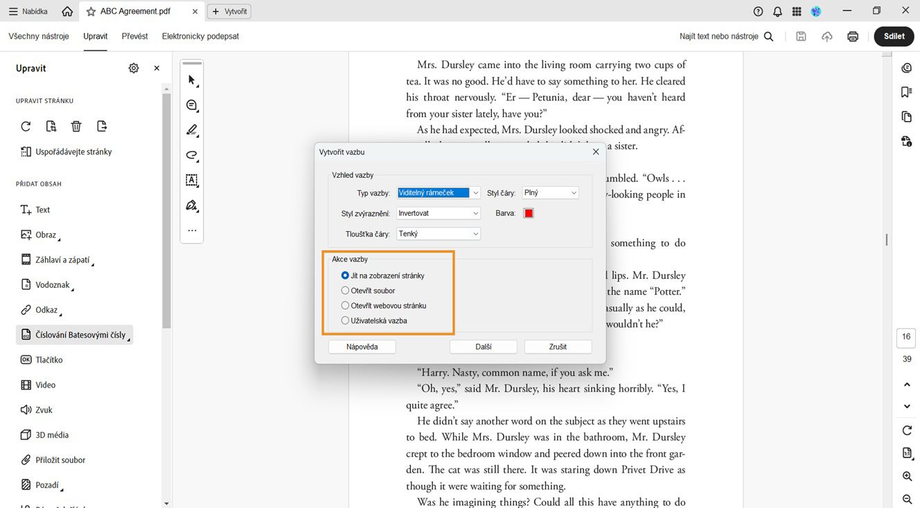Dialogové okno Vytvořit odkaz zobrazuje možnosti vzhledu odkazu a akce odkazu.Možnosti akce odkazu jsou zvýrazněny pro přidání požadovaných odkazů do PDF.
