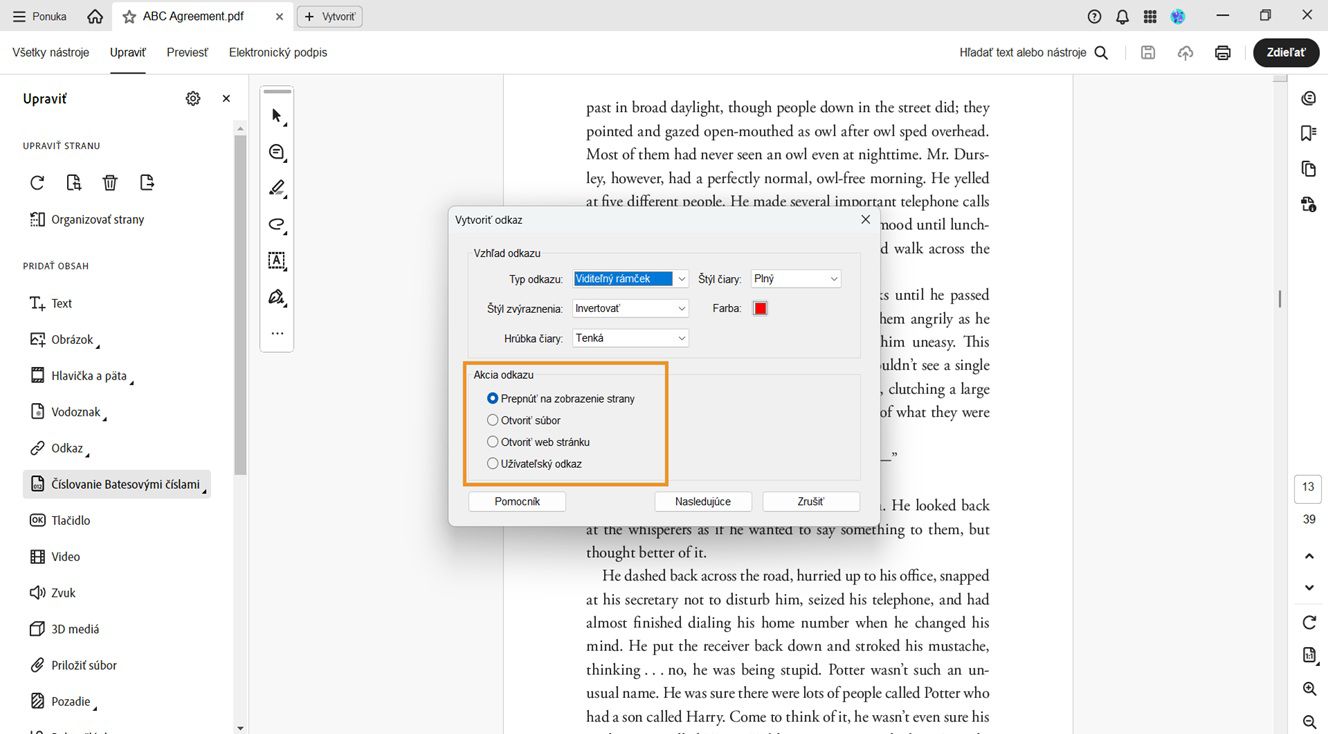 Dialógové okno Vytvoriť odkaz zobrazuje možnosti vzhľadu odkazu a akcie odkazu.Možnosti akcie odkazu sú zvýraznené, aby ste mohli pridať požadované odkazy do súborov PDF.