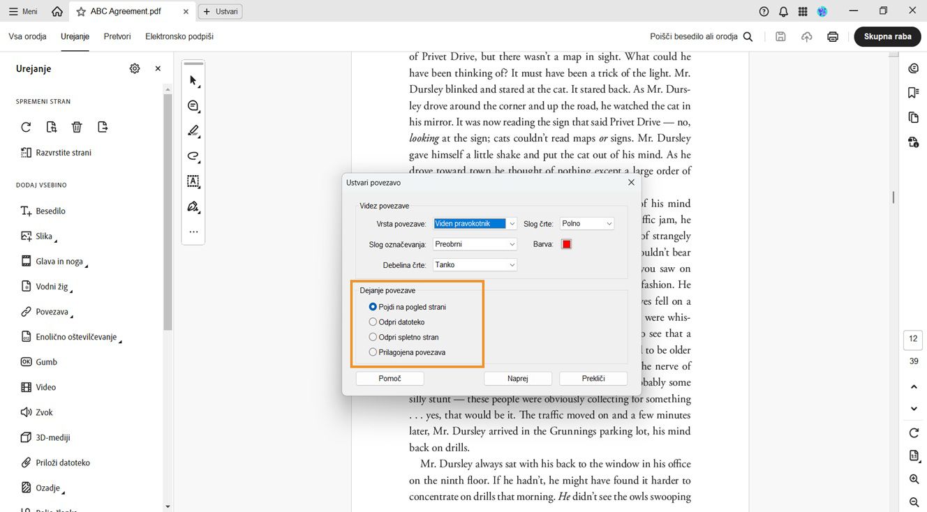 V pogovornem oknu Ustvari povezavo sta prikazani možnosti Videz povezave in Dejanje povezave. Možnosti dejanja povezave so označene za dodajanje želenih povezav v PDF-je.
