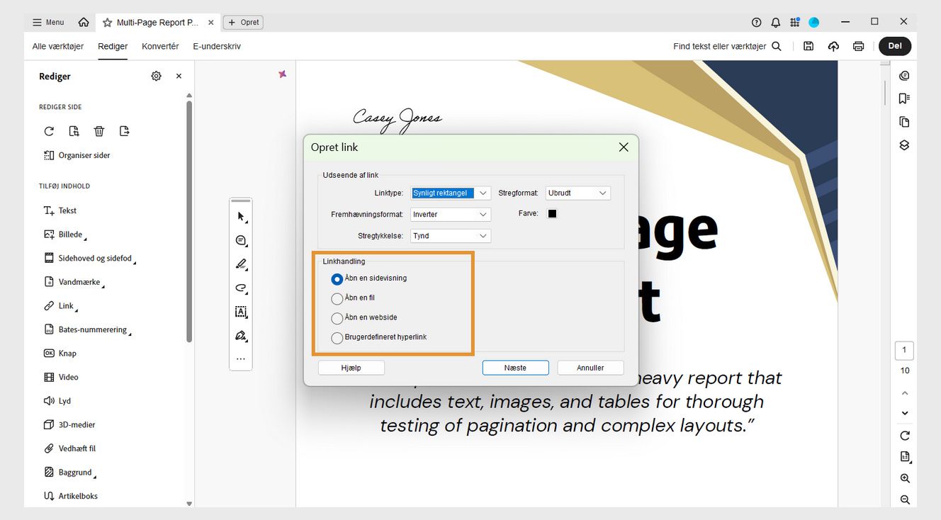 Dialogboksen Opret link viser indstillinger for Linkudseende og Linkhandling. Indstillinger for linkhandlinger fremhæves for at tilføje ønskede links til PDF'er.
