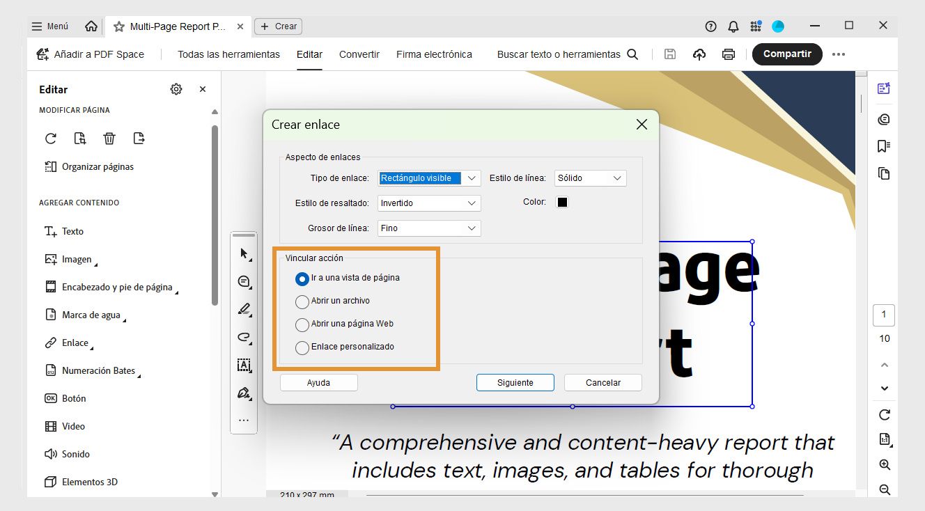 El cuadro de diálogo Crear vínculo muestra las opciones de Apariencia del vínculo y Acción del vínculo. Las opciones de Acción del vínculo están resaltadas para añadir los vínculos deseados a los PDF.