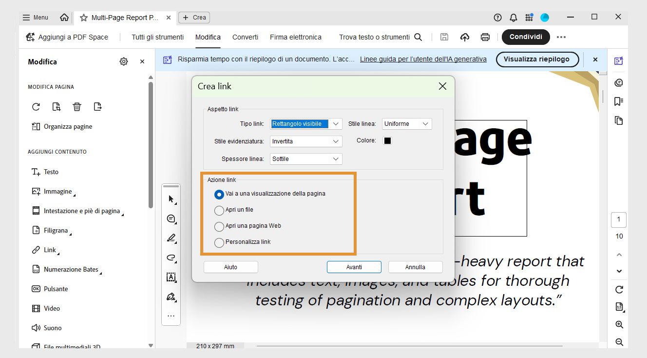 La finestra di dialogo Crea collegamento mostra le opzioni Aspetto collegamento e Azione collegamento. Le opzioni Azione collegamento sono evidenziate per aggiungere i collegamenti desiderati ai PDF.