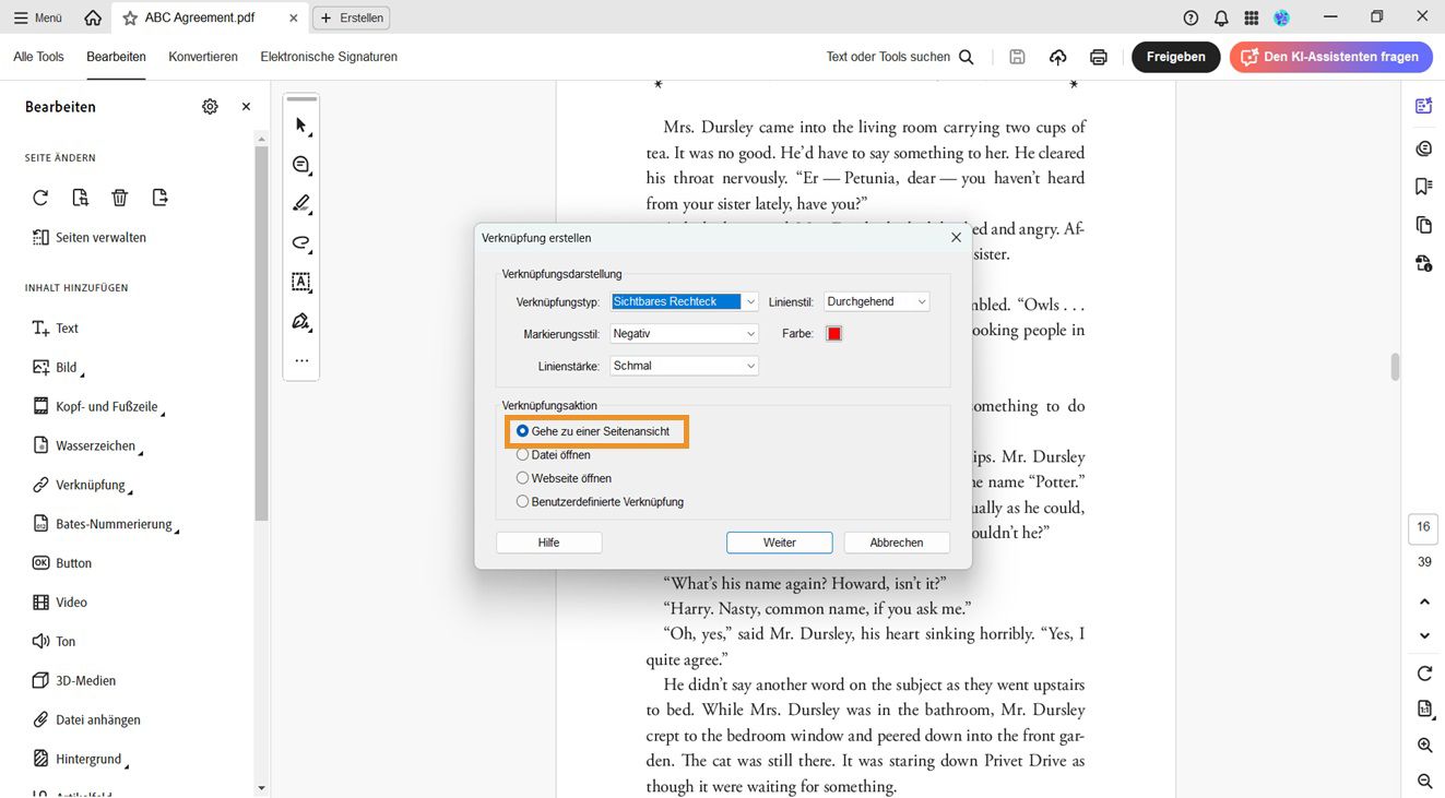 Im Dialogfeld „Link erstellen“ werden die Optionen „Link-Darstellung“ und „Link-Aktion“ angezeigt. Unter Link-Aktionen ist „Zu Seitenansicht wechseln“ hervorgehoben, um das Erscheinungsbild eines Links festzulegen.