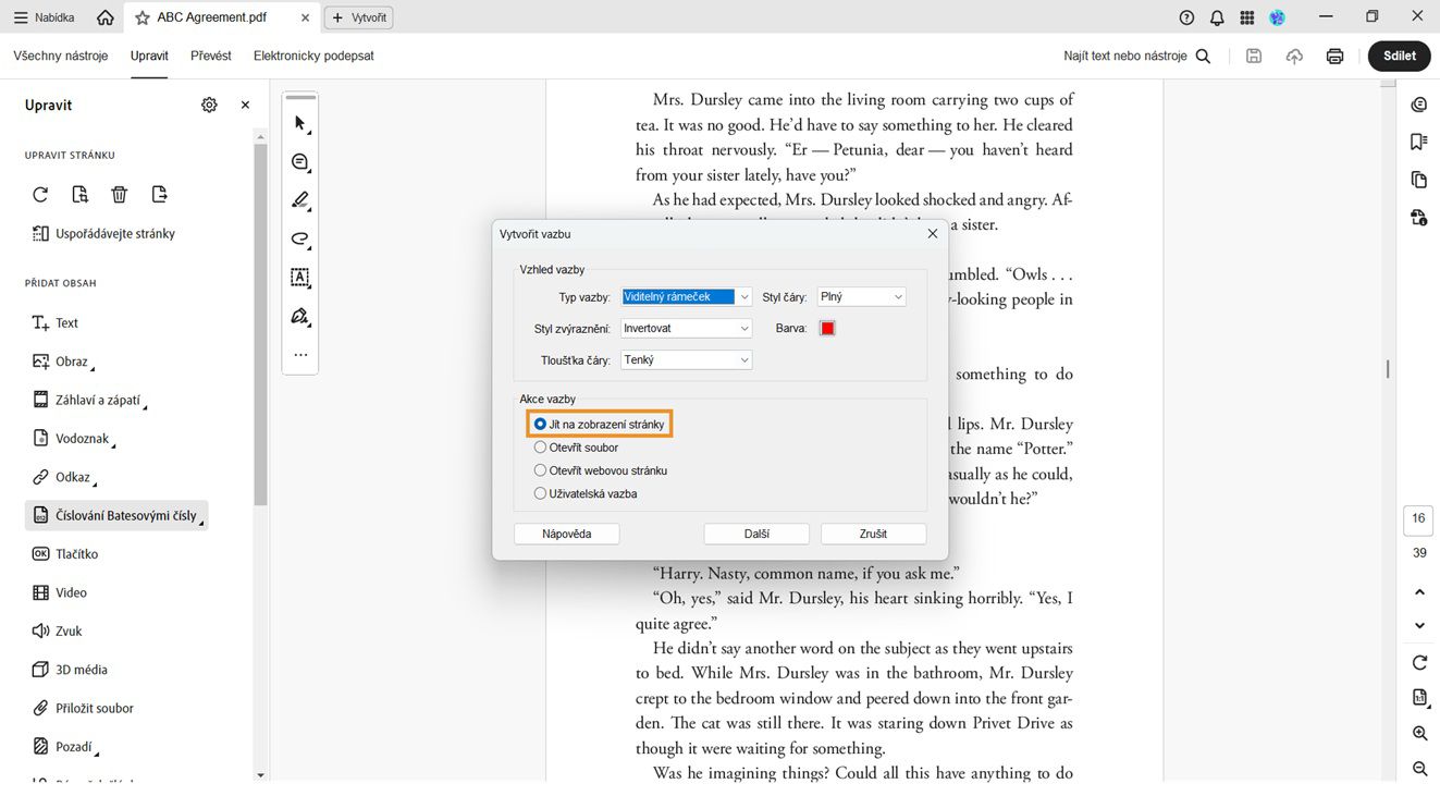 Dialogové okno Vytvořit odkaz zobrazuje Možnosti vzhledu odkazu a akce odkazu.V části Akce odkazu je zvýrazněna možnost Přejít na zobrazení stránky pro nastavení vzhledu odkazu.