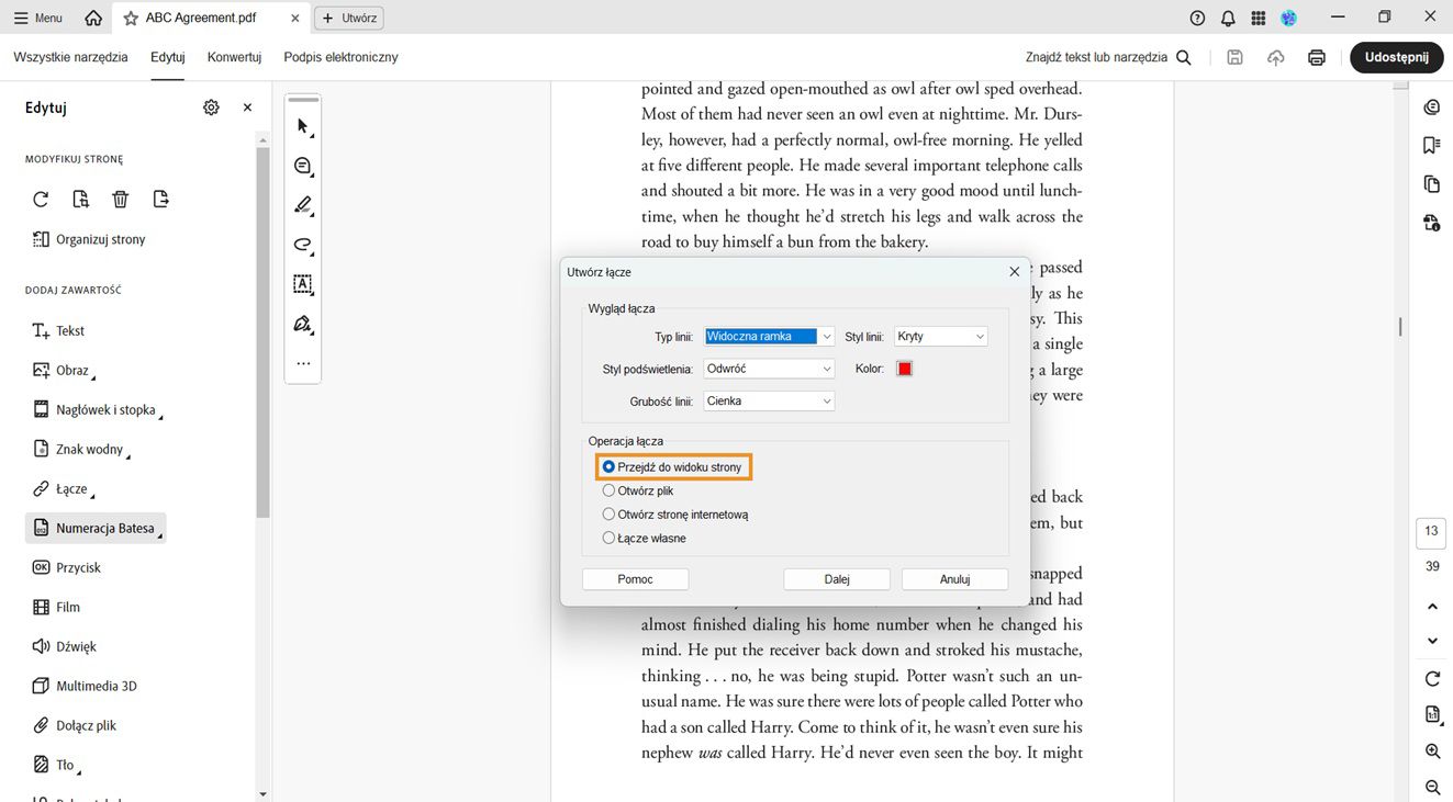 Okno dialogowe Utwórz łącze zawiera opcje wyglądu i akcji przypisanej do łącza. Opcja Przejdź do widoku strony jest podświetlona w sekcji Akcja łącza, umożliwiając ustawienie wyglądu łącza.