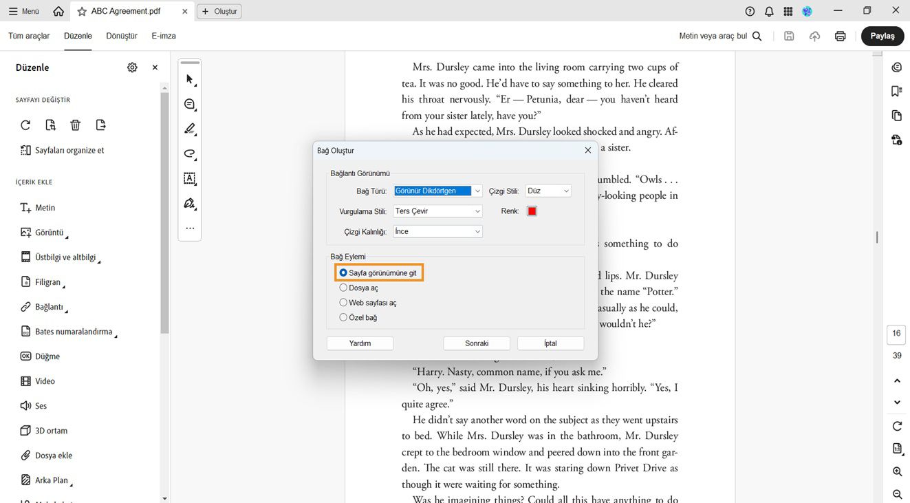 Bağlantı Oluştur iletişim kutusu, Bağlantı Görünümü ve Bağlantı Eylemi seçeneklerini gösterir.Bağlantının görünümünü ayarlamak için Bağlantı Eylemi altında Sayfa görünümüne git vurgulanır.