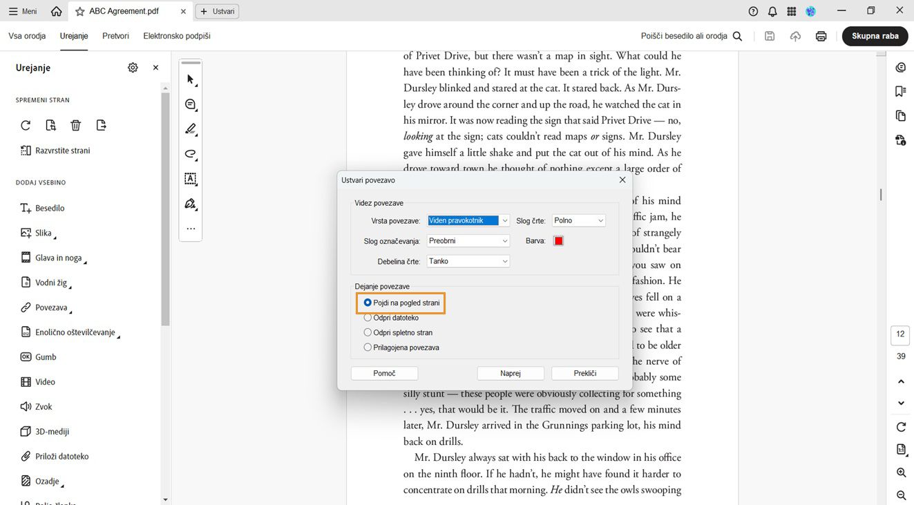 V pogovornem oknu Ustvari povezavo sta prikazani možnosti Videz povezave in Dejanje povezave. Možnost Pojdi na pogled strani je označena v razdelku Dejanje povezave za nastavitev videza povezave.