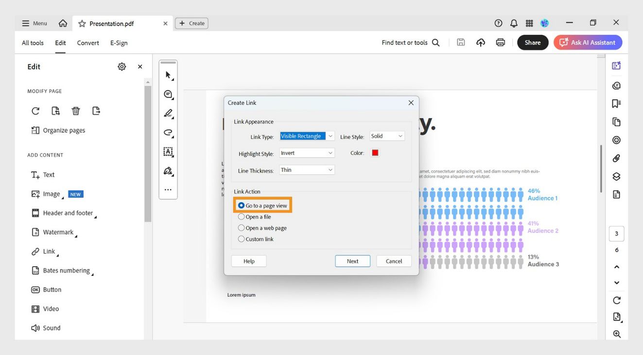 תיבת הדו-שיח Create Link מציגה את האפשרויות Link Appearance ו-Link Action. האפשרות Go to a page view מודגשת תחת Link Action כדי להגדיר את מראה הקישור.