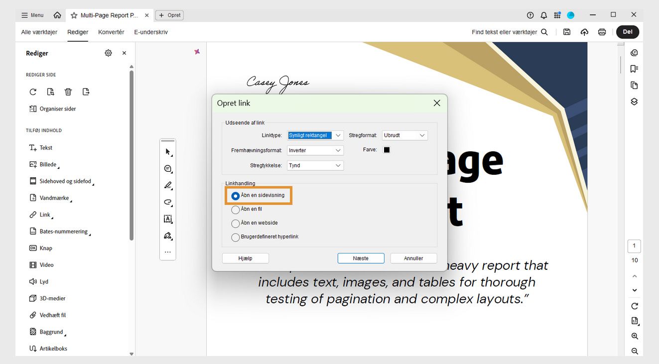 Dialogboksen Opret link viser indstillingerne Linkudseende og Linkhandling. Gå til en sidevisning er fremhævet under Linkhandling for at indstille udseendet af et link.