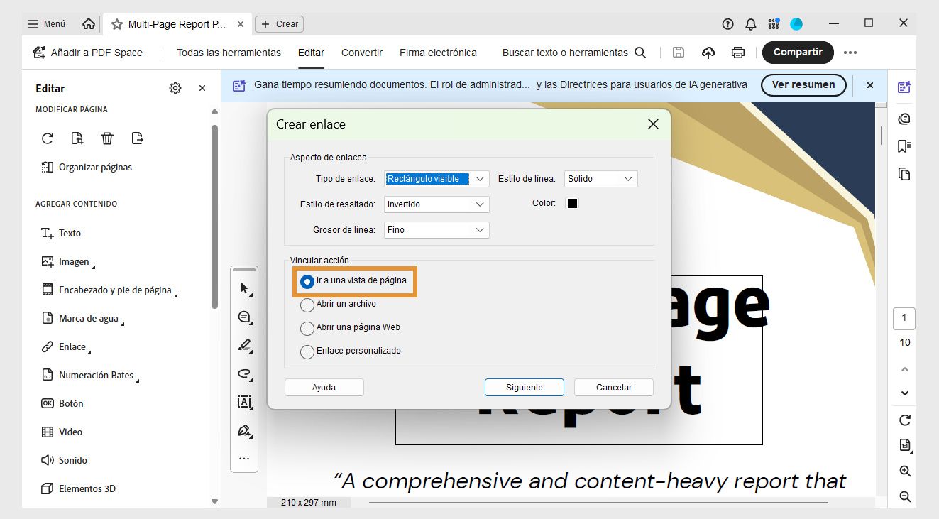 El cuadro de diálogo Crear vínculo muestra las opciones de Apariencia del vínculo y Acción del vínculo. Ir a una vista de página está resaltado bajo Acción del vínculo para establecer la apariencia de un vínculo.