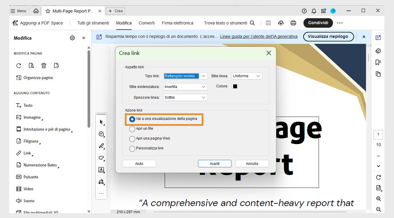 La finestra di dialogo Crea link mostra le opzioni di Aspetto link e Azione link. L’opzione Vai a una visualizzazione pagina è evidenziata in Azione link per impostare l’aspetto di un link.