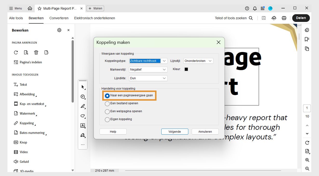 In het dialoogvenster Koppeling maken worden de opties Koppelingsweergave en Koppelingsactie weergegeven. Ga naar een paginaweergave en stel onder Koppelingsactie de weergave van een koppeling in.