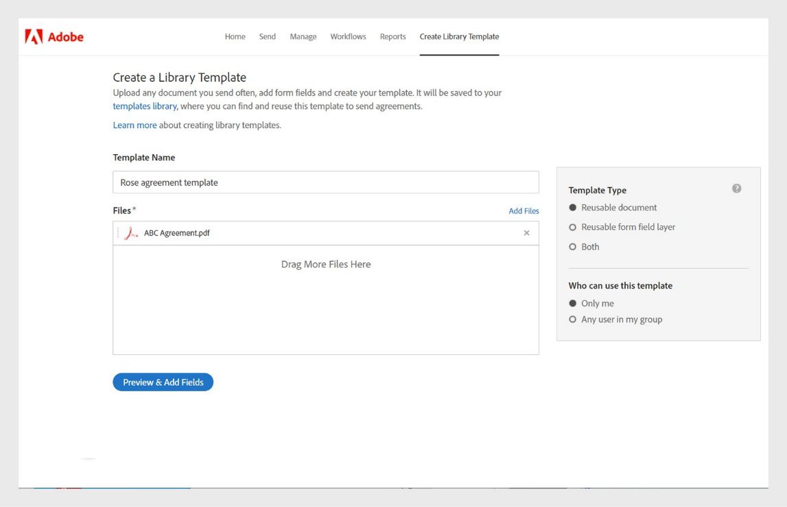 הדף Create a Library Template מראה אפשרויות לתת שם לתבנית, להוסיף קבצים לשימוש בתור תבניות ולבחור את סוג התבנית.