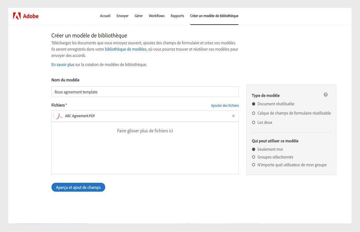 La page Créer un modèle de bibliothèque présente des options permettant de donner un nom au modèle, d’ajouter des fichiers à utiliser comme modèles et de sélectionner le type de modèle.